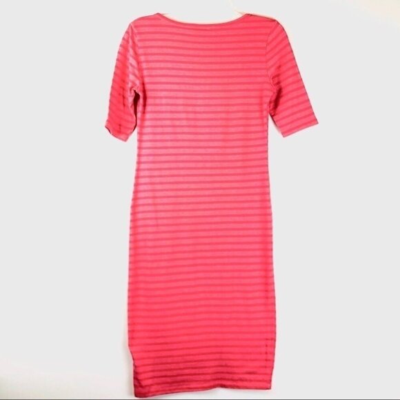 LuLaRoe Striped Dress Red Pink Julia Fitted Midi Short Sleeve Size XS - Picture 4 of 6